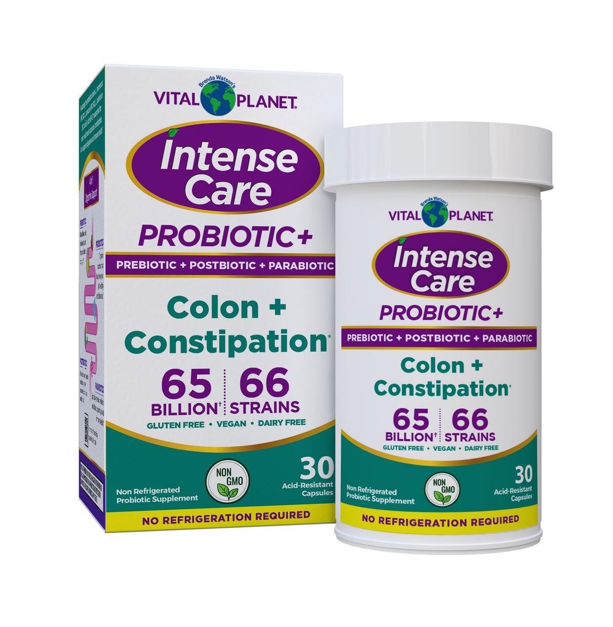 Vital Planet Intense Care Colon and Constipation Probiotic supplement box and bottle
