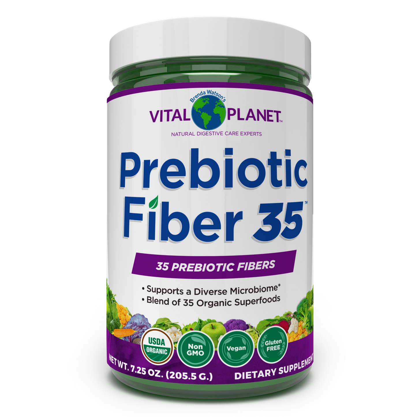 Vital Planet Prebiotic Fiber 35 supplement container on a white background