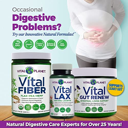 Vital Fiber Flax Pea and Hemp supplement bottles with digestive health information