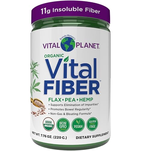 A container of Vital Planet Organic Vital Fiber, with labels indicating it's made from flax, pea, and hemp. It is marketed as a dietary supplement that supports bowel regularity.