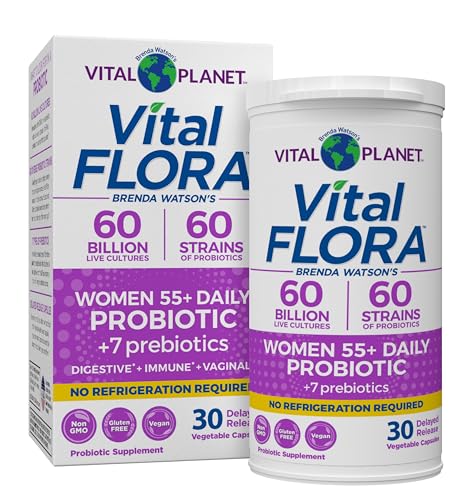 A container of Vital Flora Women Over 55 Daily Probiotic by Vital Planet, with the product name and benefits clearly displayed on the packaging.