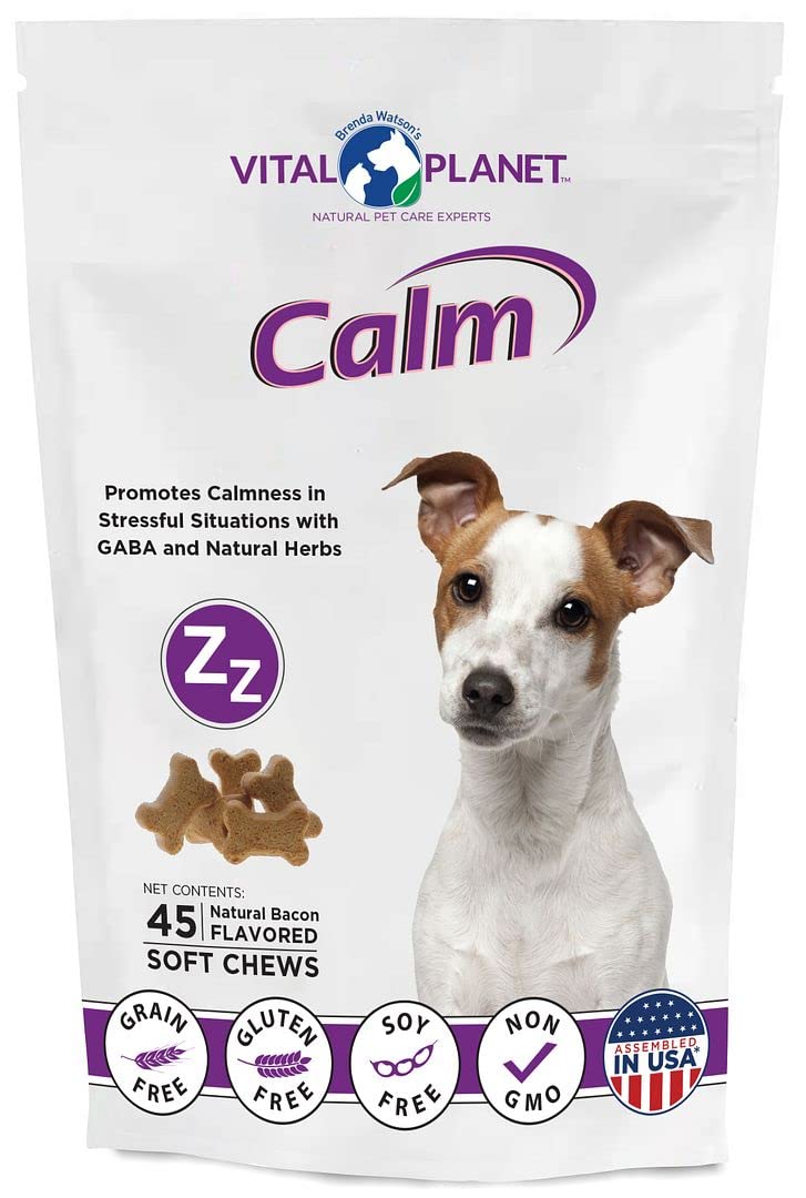 A package of Vital Planet Calm soft chews for dogs, featuring an image of a small white and brown dog and the product brand and benefits.