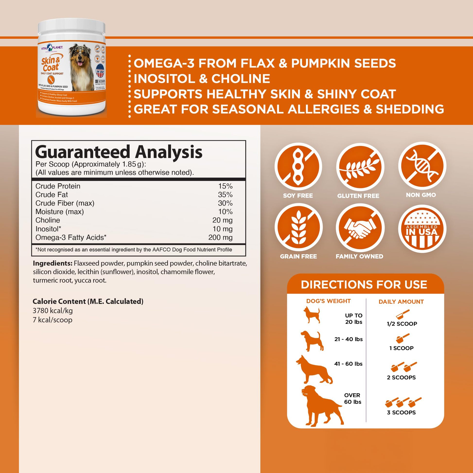 Dog supplement container with label details on an orange and brown background. Guaranteed Analysis and Supplement Facts