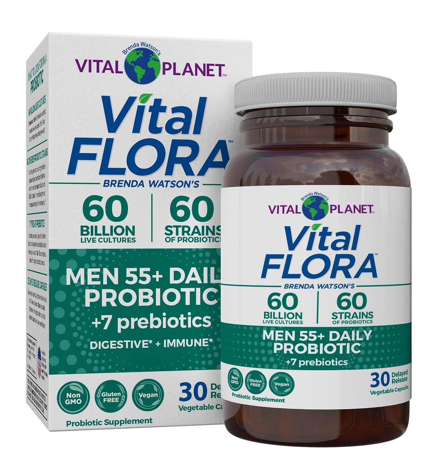 This image displays Vital Flora Men 55+ Daily Probiotic, a dietary supplement designed specifically for men over the age of 55. The product packaging, which includes both a bottle and a box, features a clean and straightforward design in shades of green and white, highlighting the product's focus on digestive and immune health.