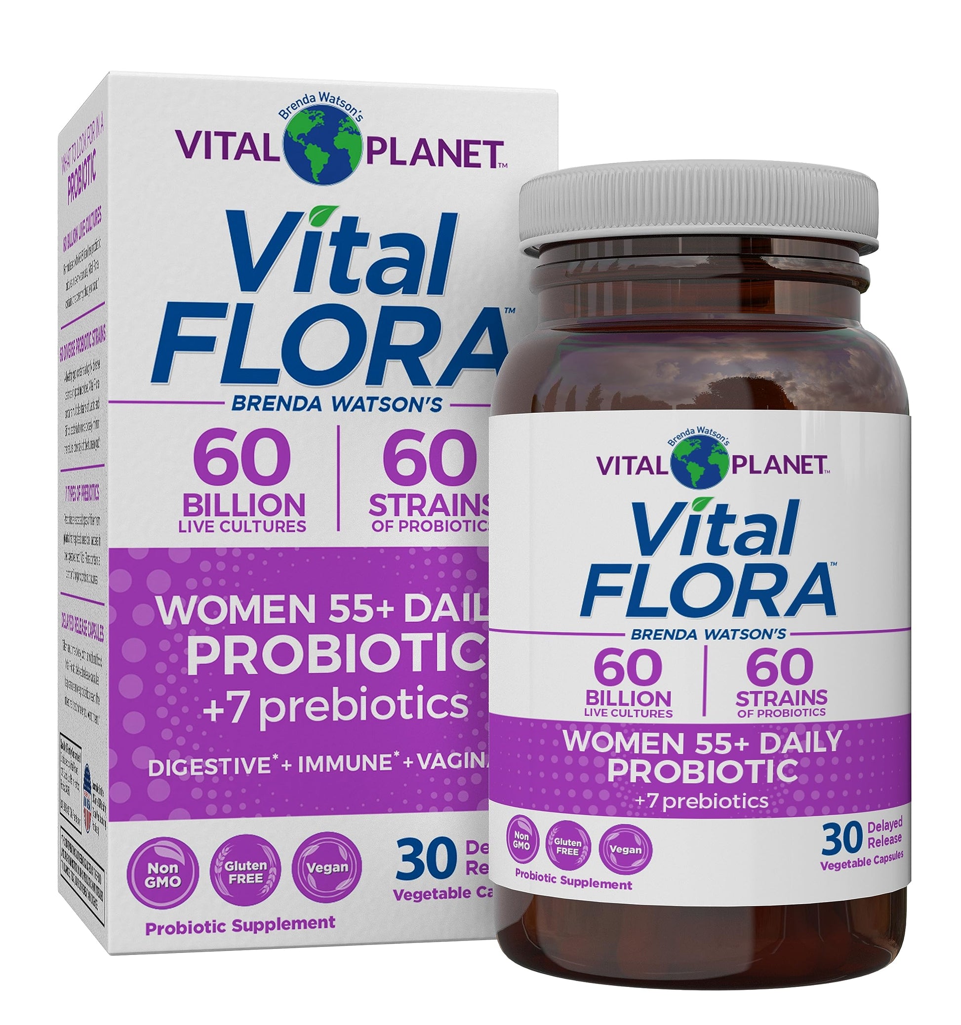 A bottle and packaging box of Vital Flora Women Over 55 Daily Probiotic by Vital Planet, with product information and branding visible.