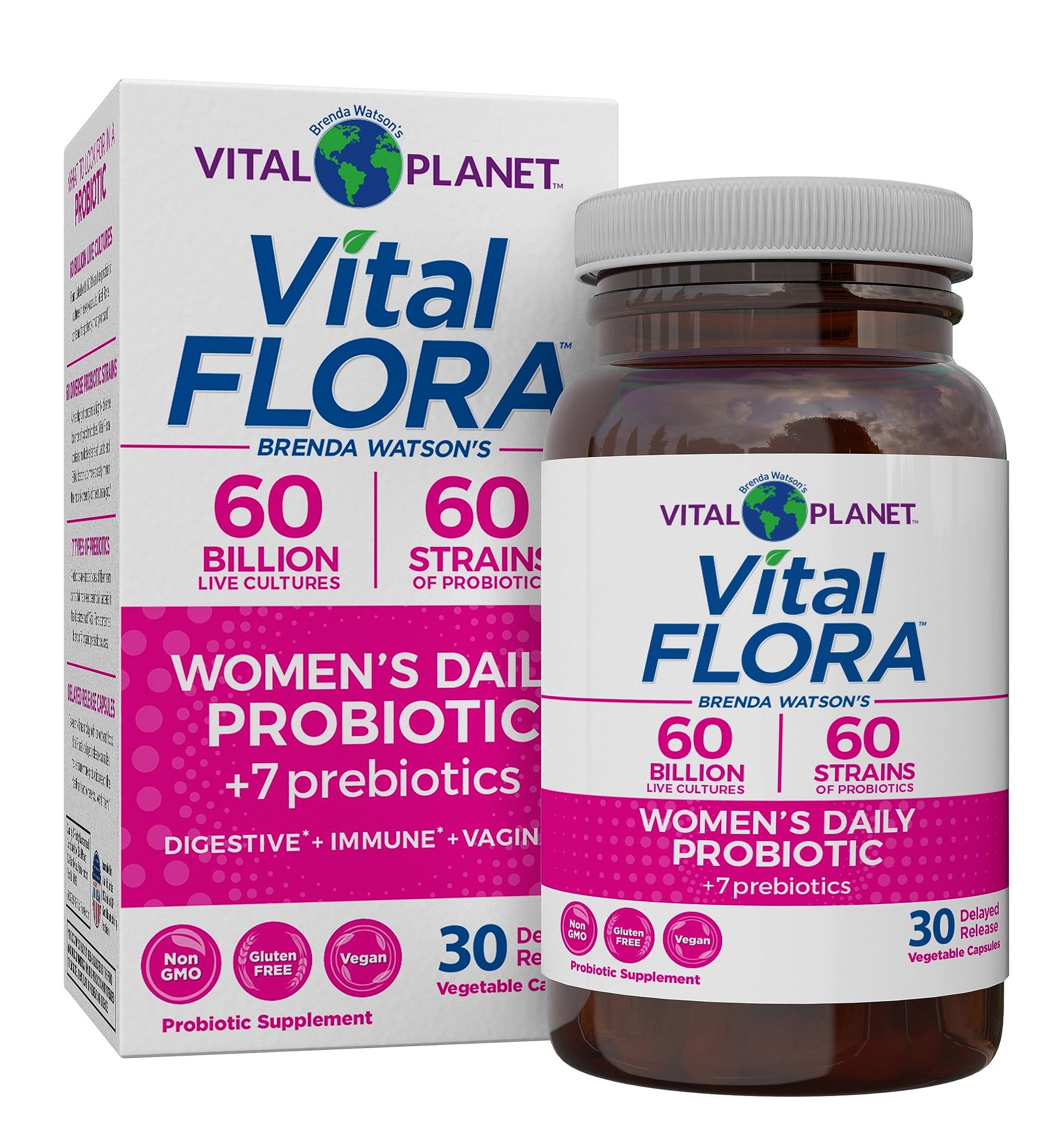 A bottle and packaging box of Vital Flora Women's Daily Probiotic supplement, with pink and white colors and branding details.