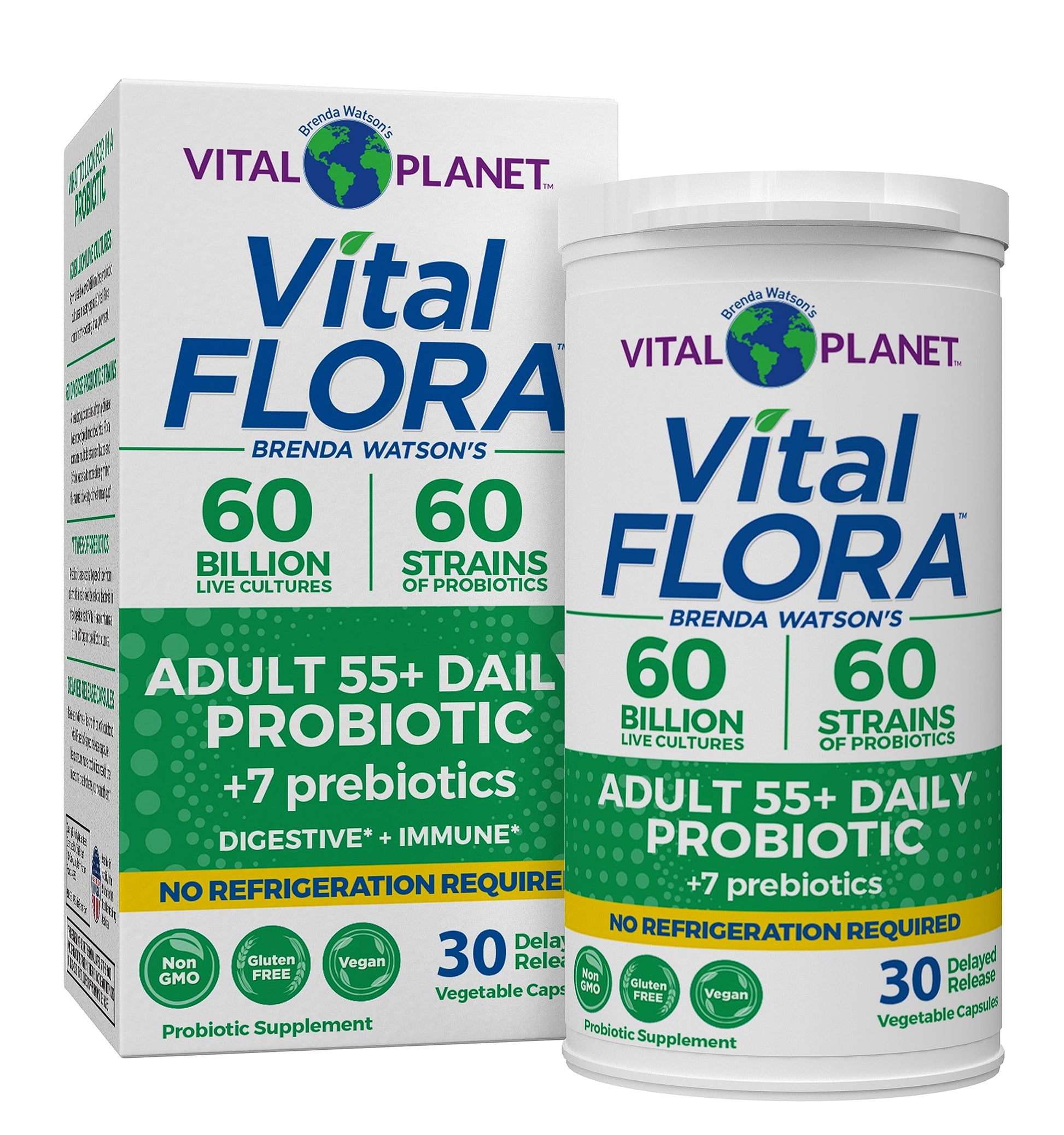 The image shows the packaging of Vital Flora Adult 55+ Daily Probiotic, which includes a box and a container. The box has vital information and recommendations printed on it, while the container is labeled with the brand and product details.