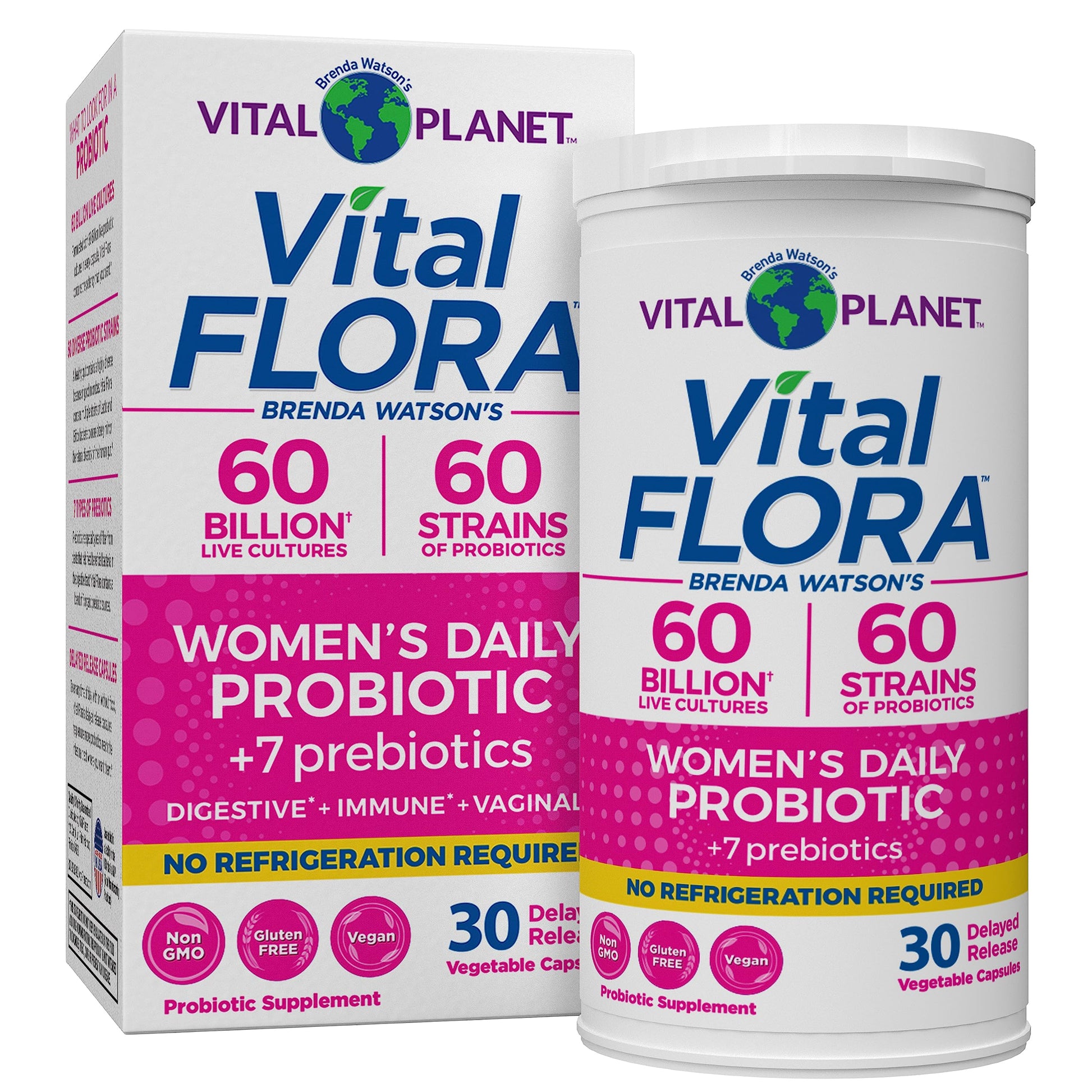 A container of Vital Flora Women's Daily Probiotic by Vital Planet, with the packaging showing the product name, benefits, and dietary information.