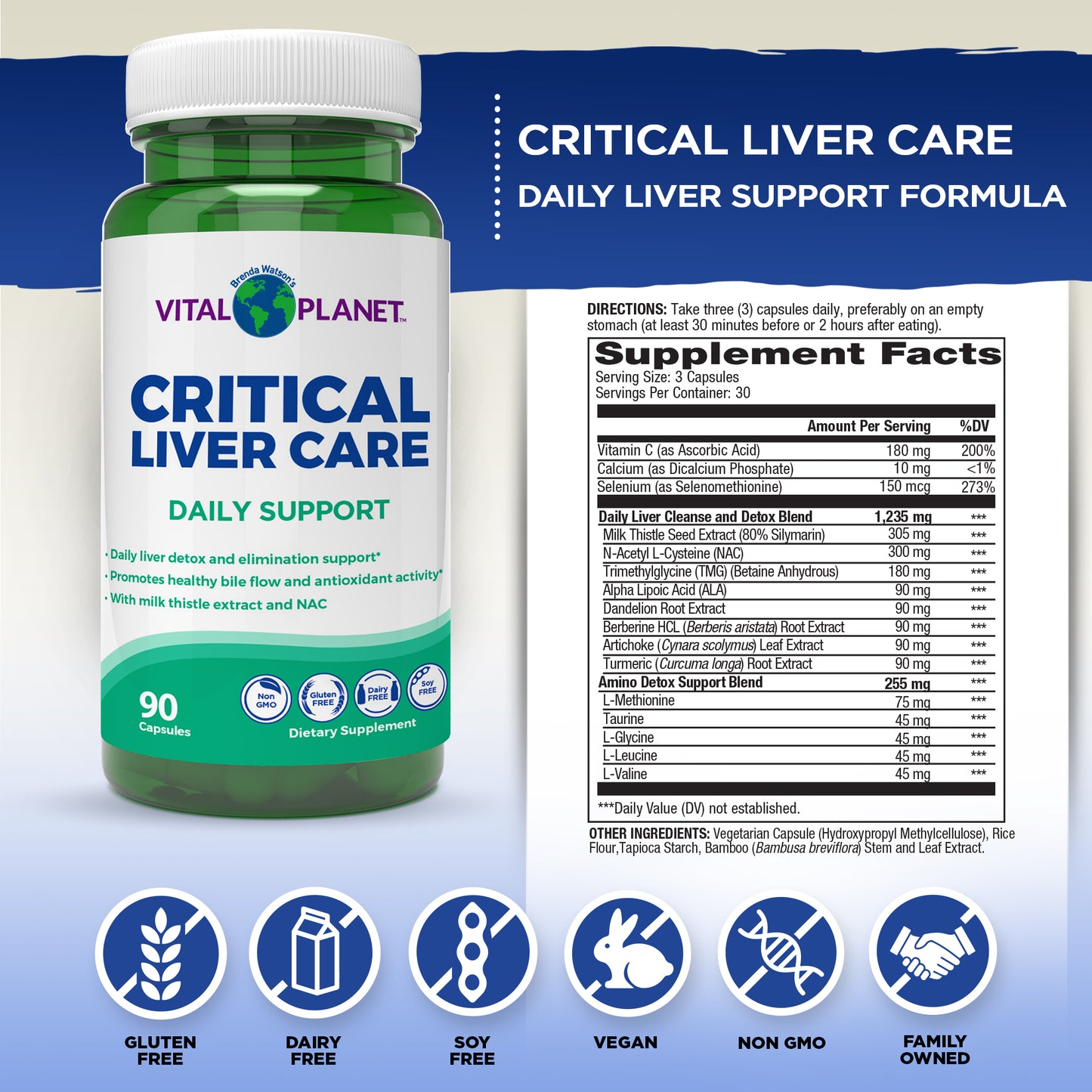 Vital Planet Critical Liver Care supplement bottle with label and supplement facts on a blue and white background