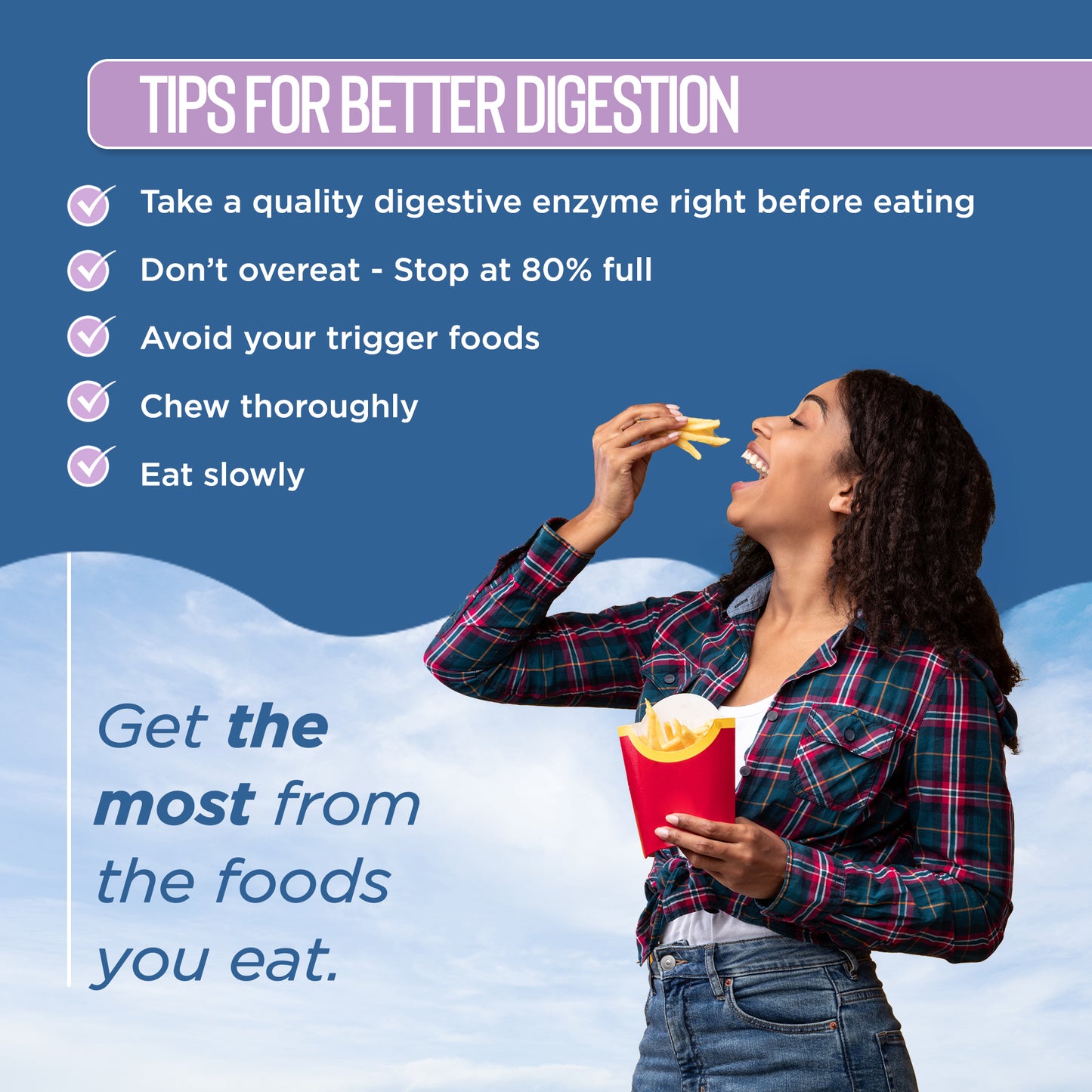 Woman eating fries with tips for better digestion displayed on a blue background