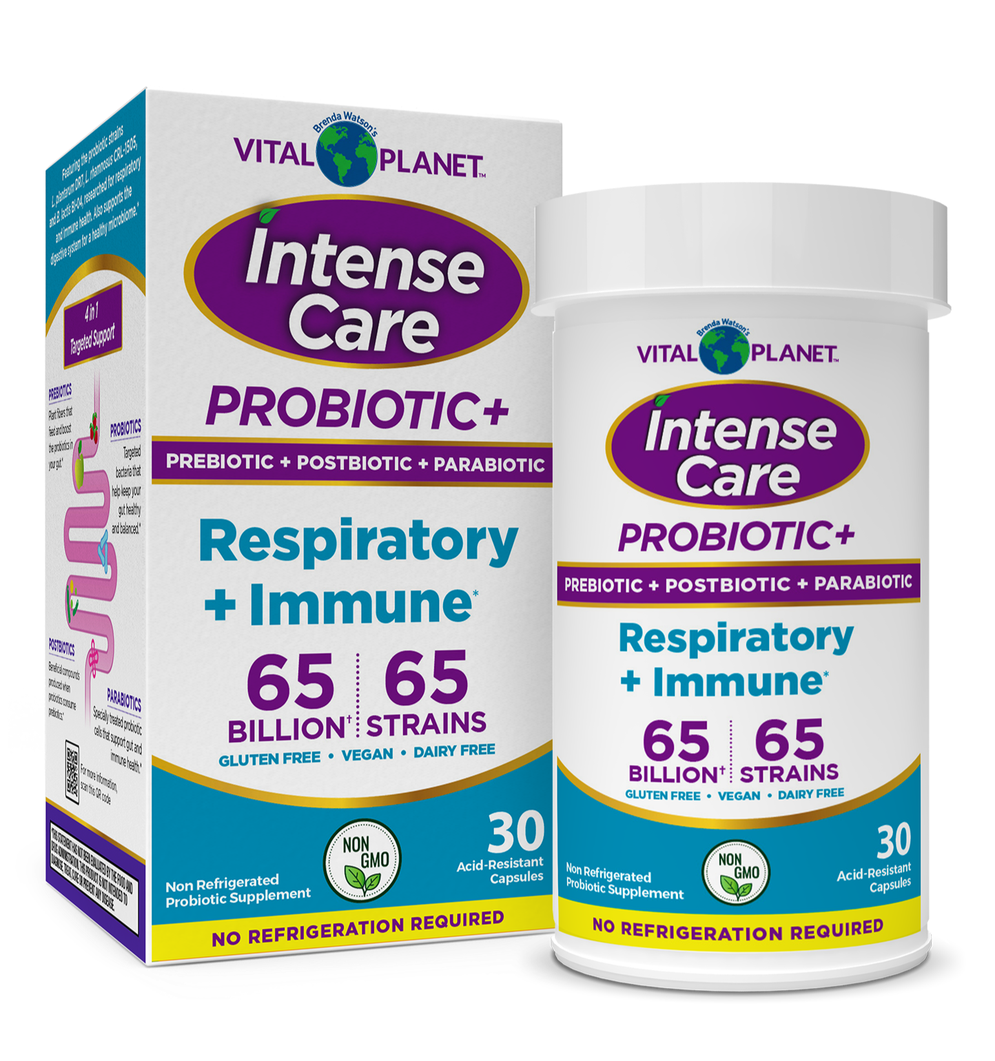 Vital Planet Intense Care Probiotic+ Respiratory + Immune supplement packaging on a white background