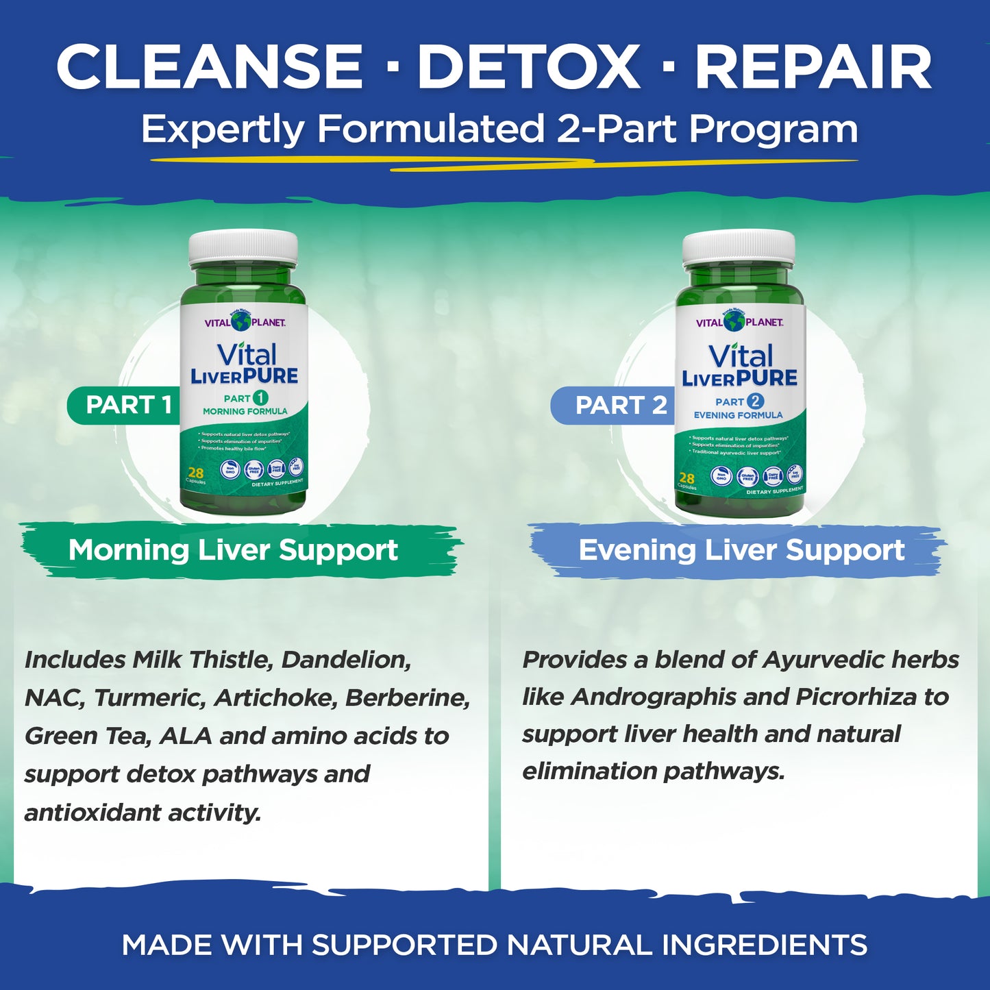 Vital Planet LiverPure supplement bottles with text on a green and blue gradient background