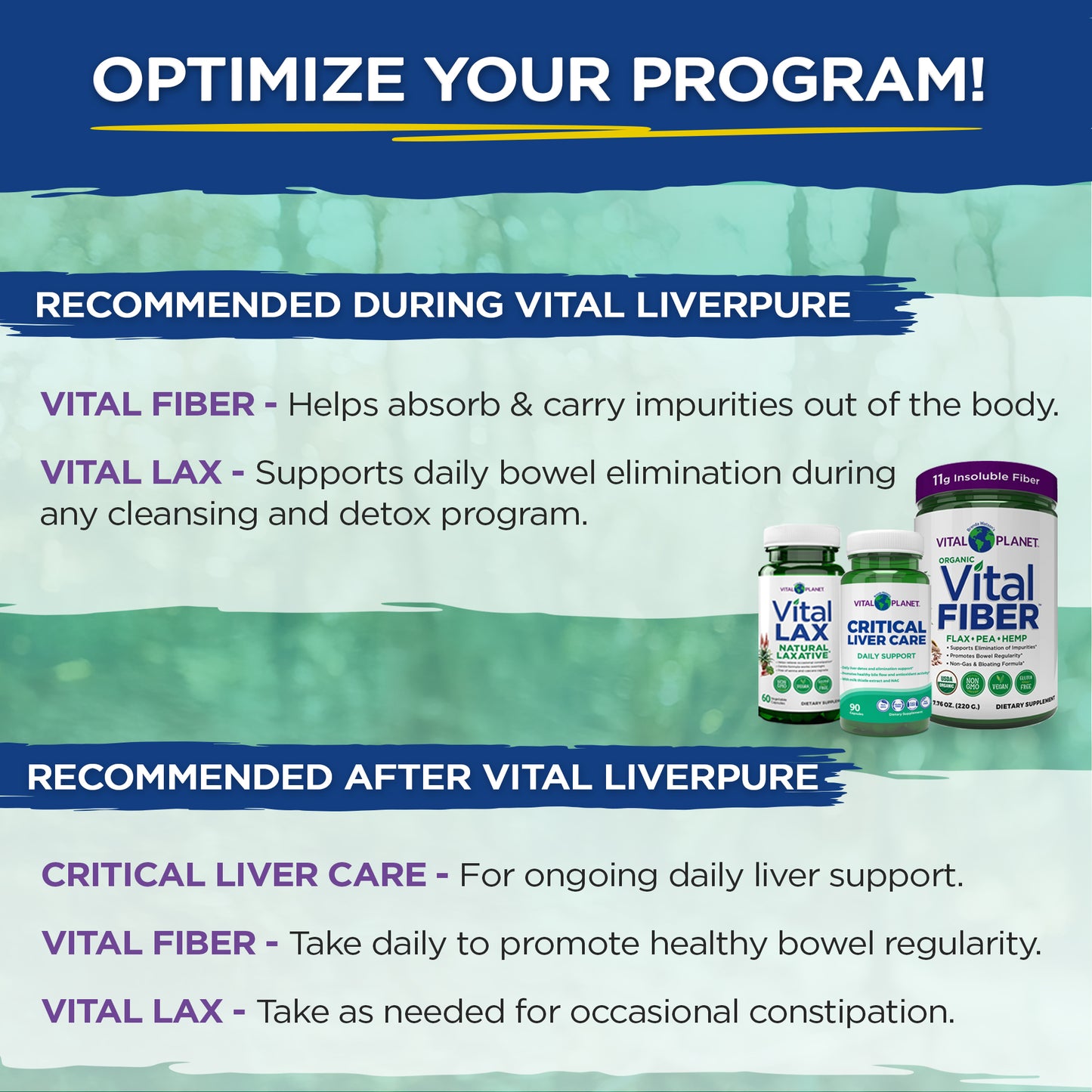 Vital Planet supplement products with text on optimizing a program during and after a liver purification process.