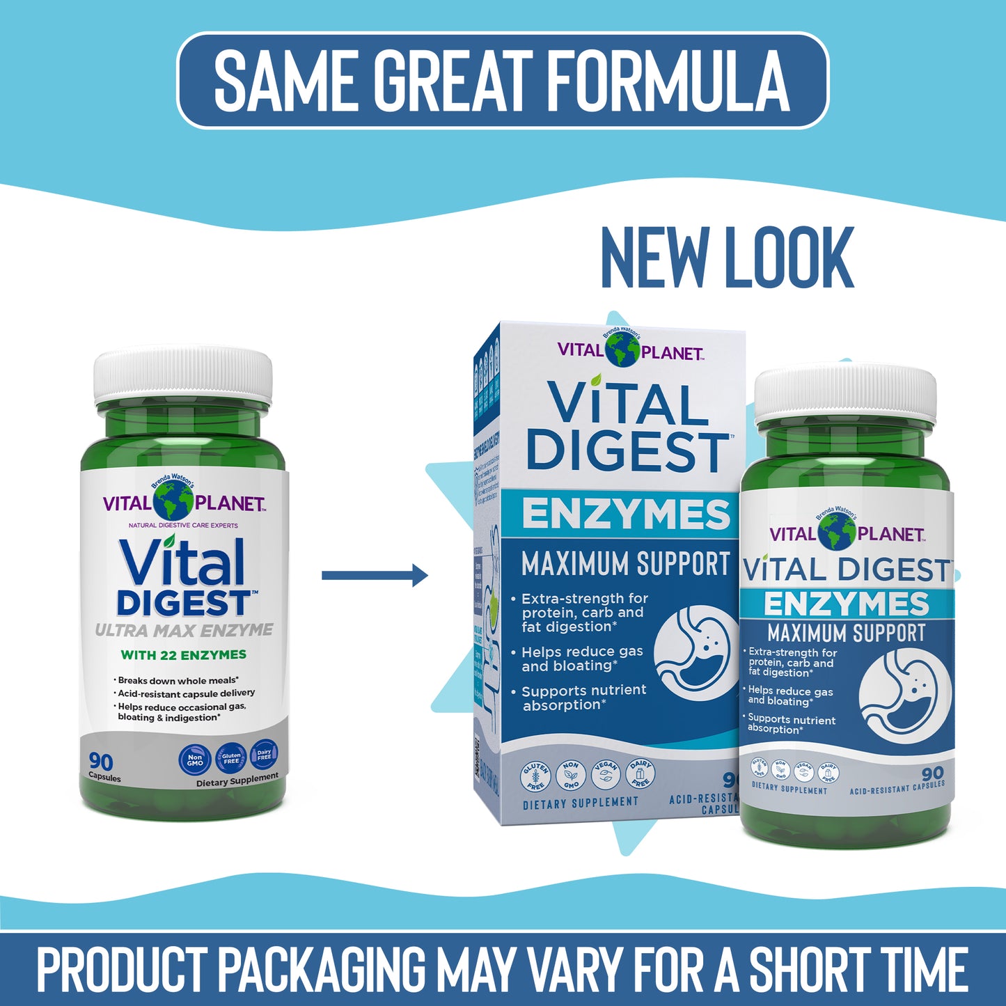 Vital Planet Vital Digest Enzymes packaging with new and old design comparison on a blue and white background.