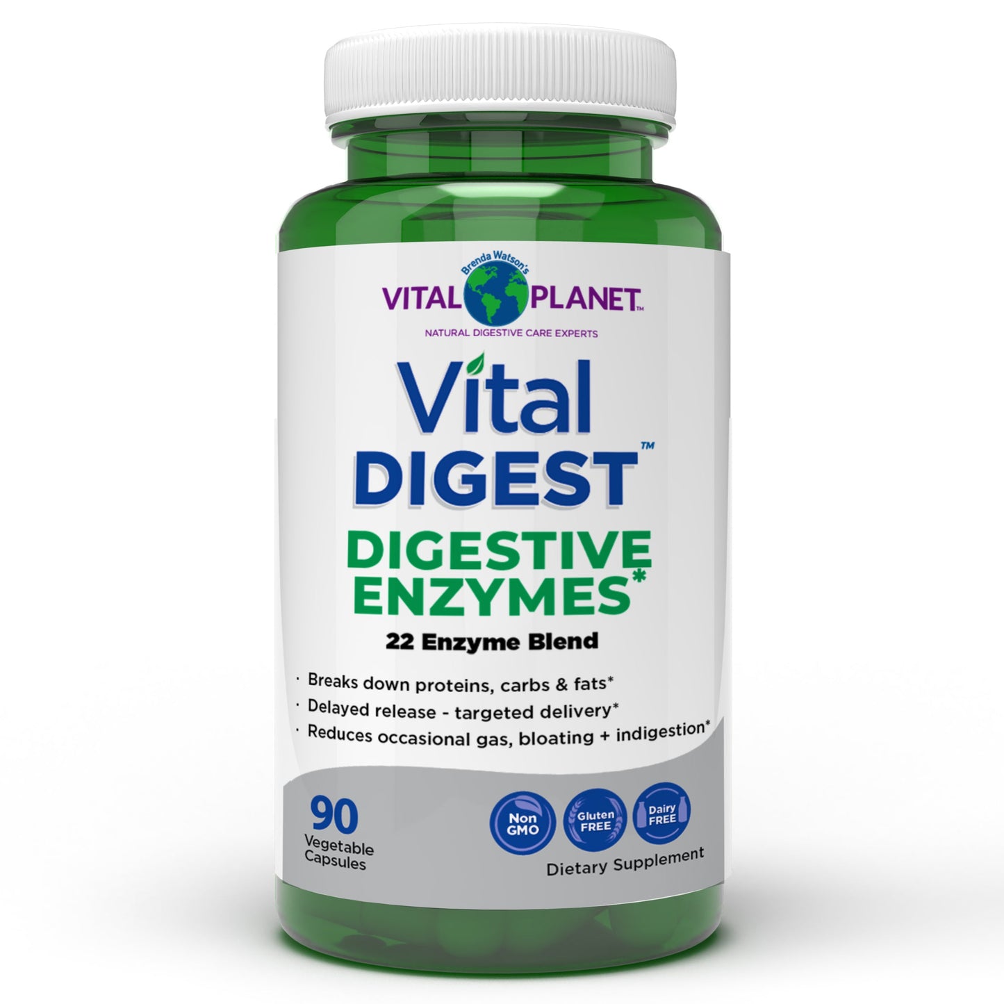 Bottle of Vital Planet Digestive Enzymes on a white background