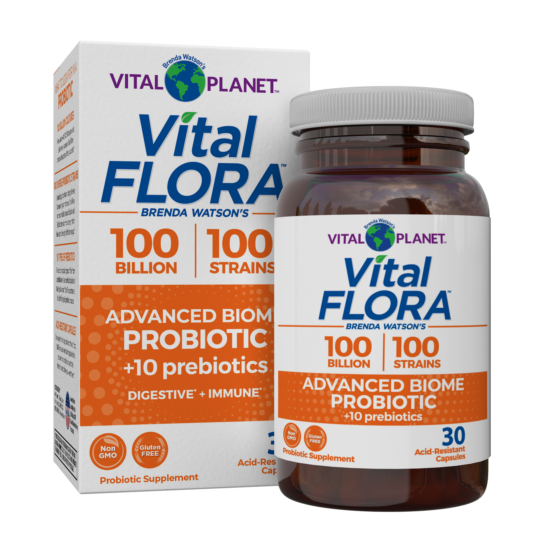 Vitalflora Probiotic supplement packaging showing a white and orange product box alongside a matching amber bottle with a white cap on a plain white background.