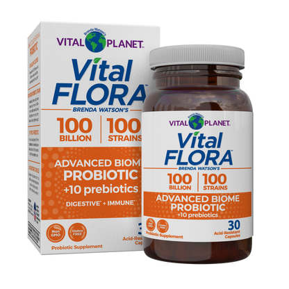 Vitalflora Probiotic supplement packaging showing a white and orange product box alongside a matching amber bottle with a white cap on a plain white background.