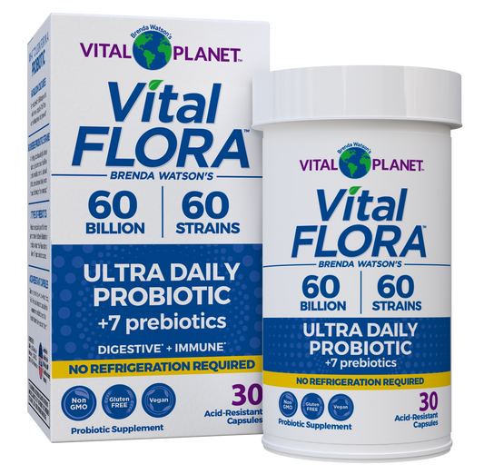 Vital Flora 60 Billion 60 Strains Ultra Daily Probiotic supplement packaging, showing the retail box and matching plastic bottle on a plain white background.