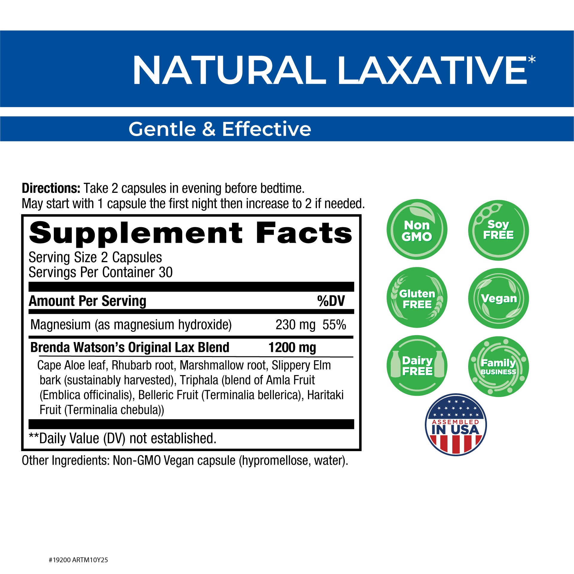 Supplement label for a natural laxative with ingredient list and branding details.