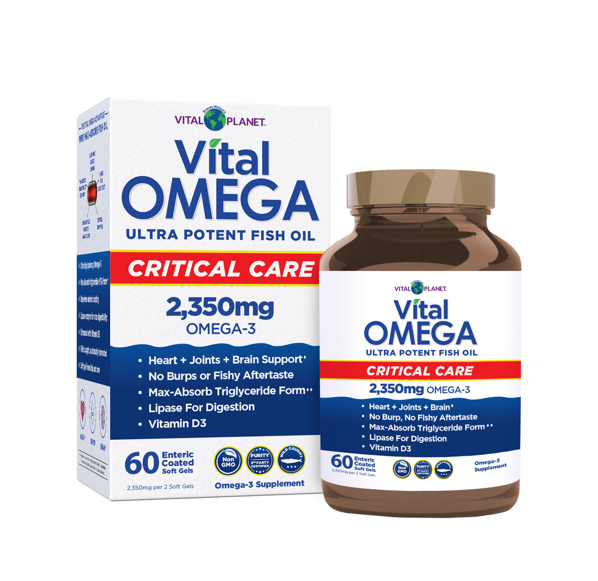Vital Omega Critical Care fish oil supplement box and bottle with 60 enteric coated softgels