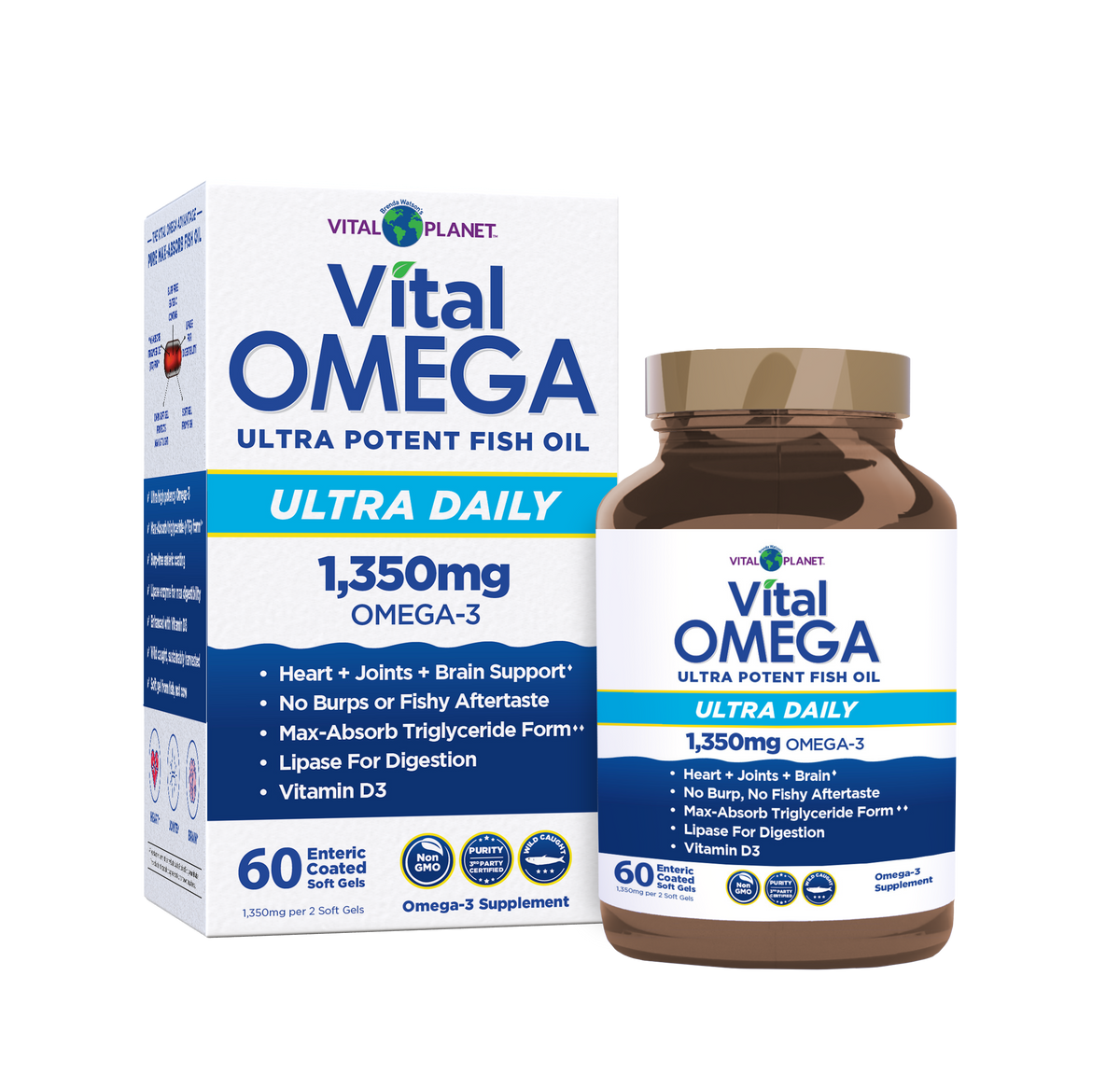 Vital Omega Ultra Daily fish oil supplement bottle and box with 60 enteric coated softgels