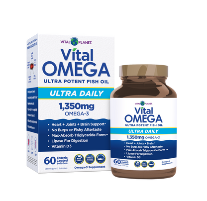 Vital Omega Ultra Daily fish oil supplement bottle and box with 60 enteric coated softgels