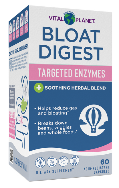 Vital Planet Bloat Digest supplement box with text and graphics on a white background