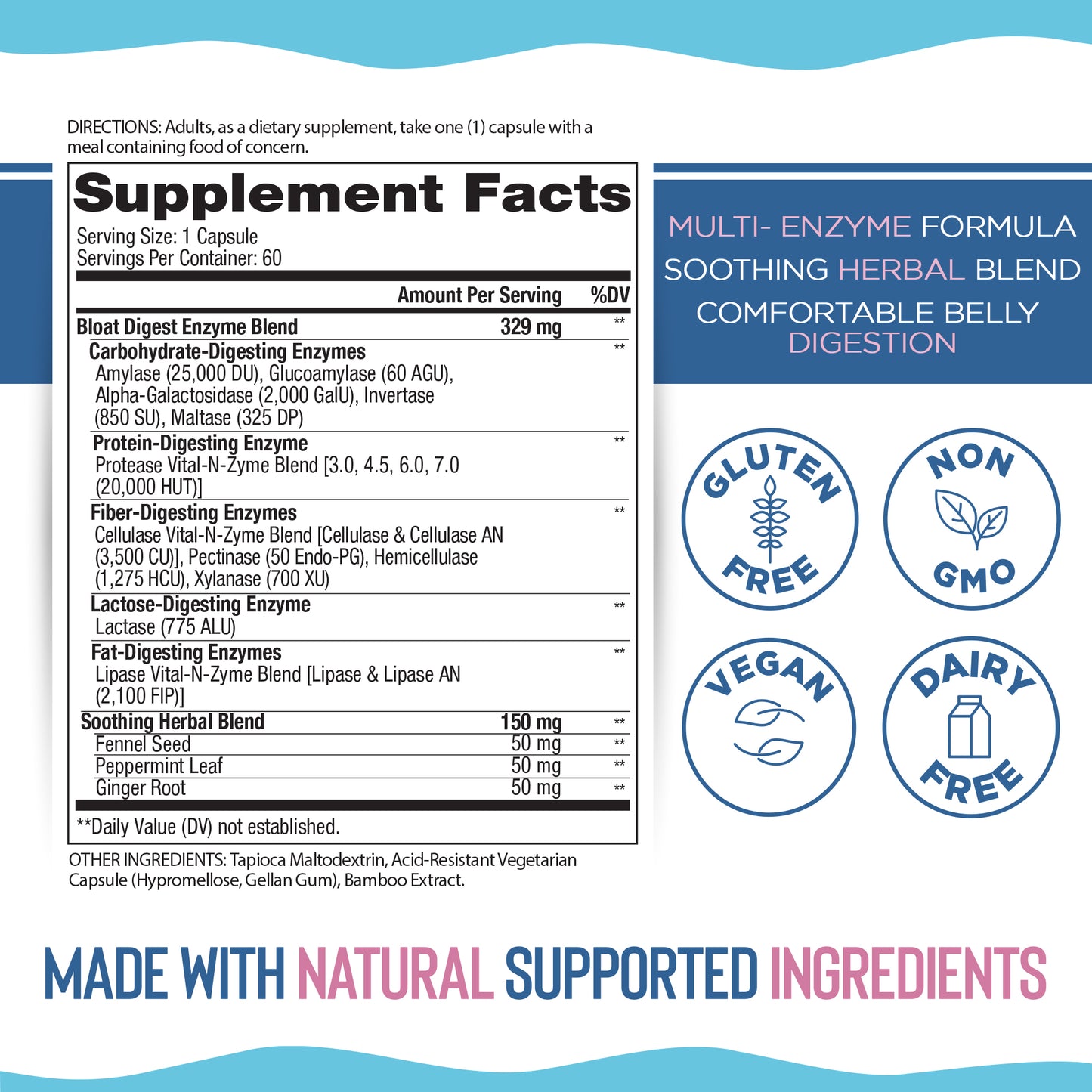 Supplement label with ingredients and benefits on a blue and white background