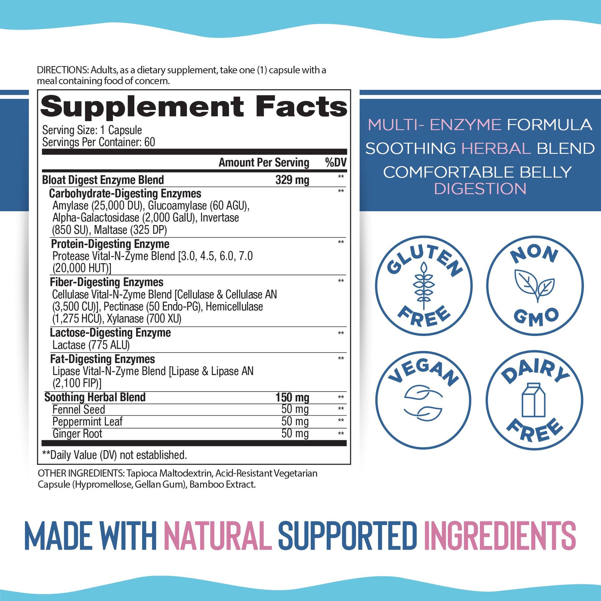 Supplement label with ingredients and benefits on a blue and white background
