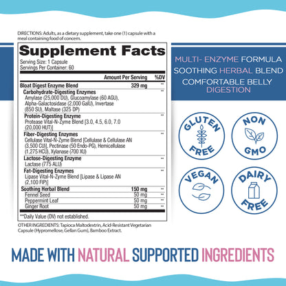 Supplement label with ingredients and benefits on a blue and white background
