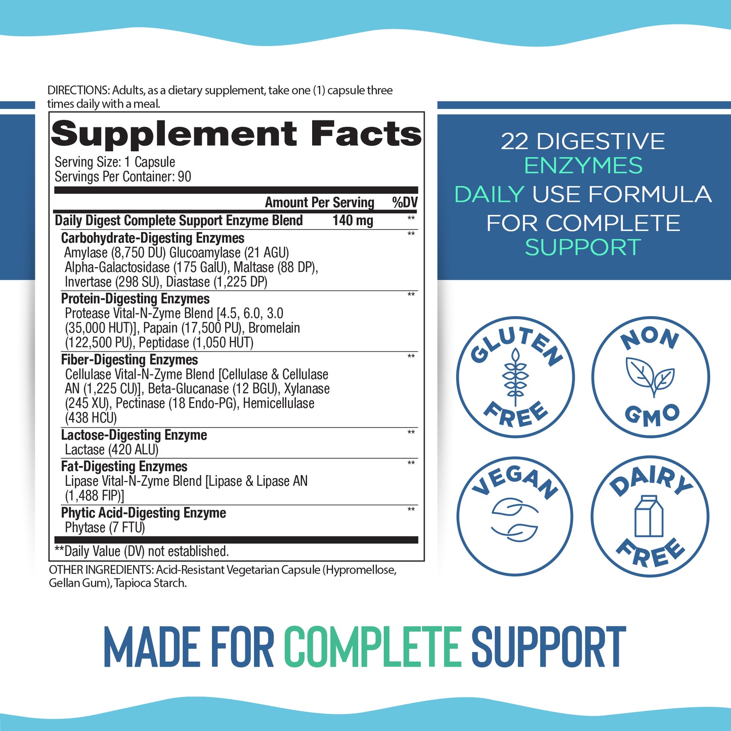 Supplement label with digestive enzymes and dietary information on a blue and white background