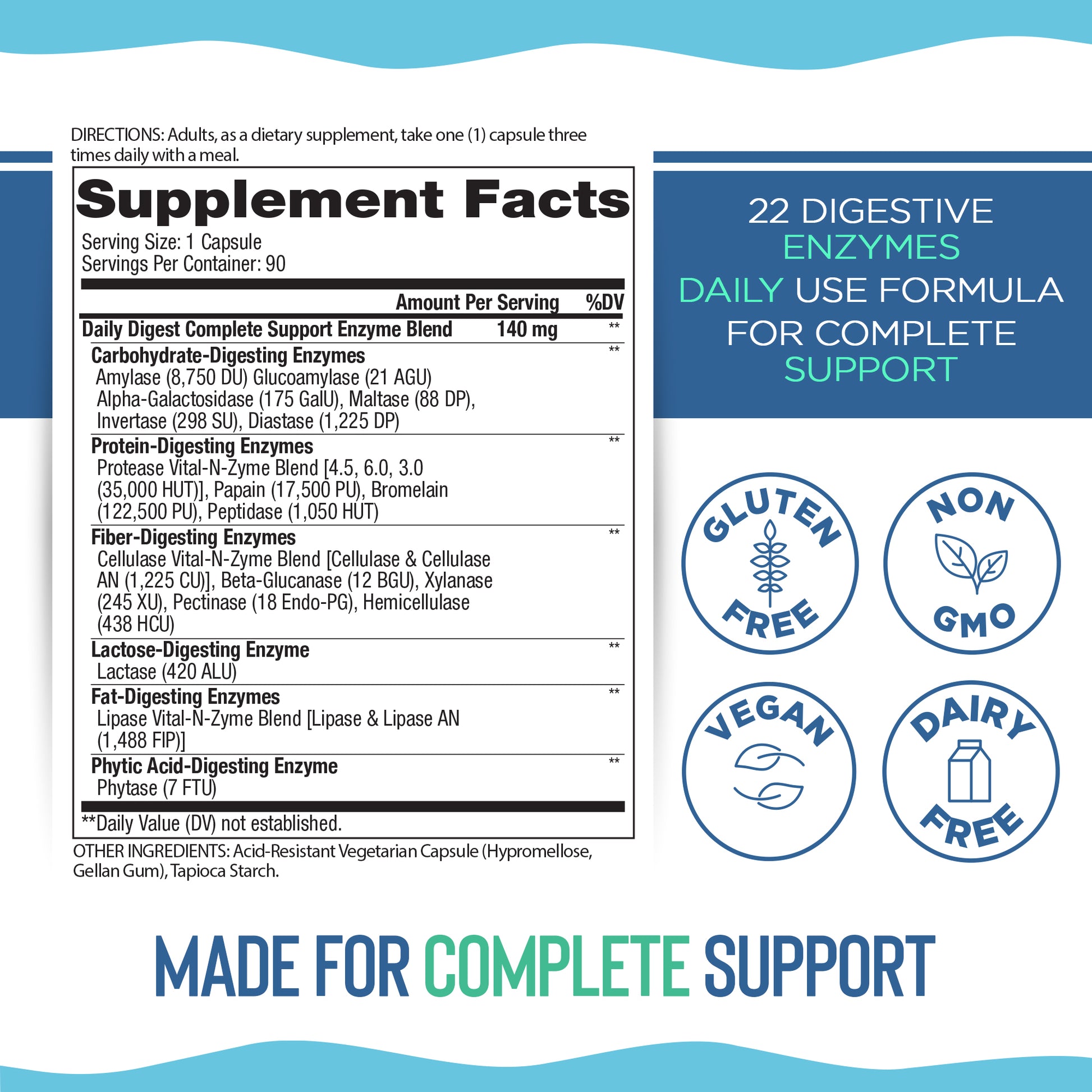 Supplement label with digestive enzymes and dietary information on a blue and white background