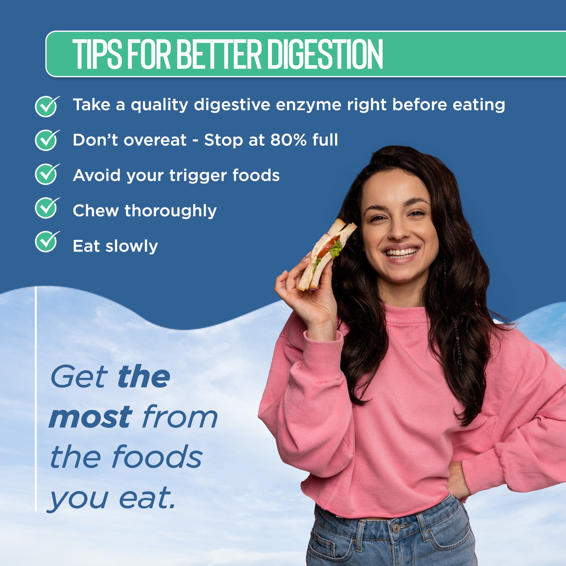 Woman holding a sandwich with tips for better digestion on a blue background