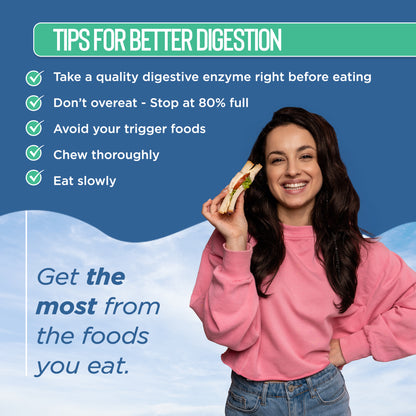 Woman holding a sandwich with tips for better digestion on a blue background