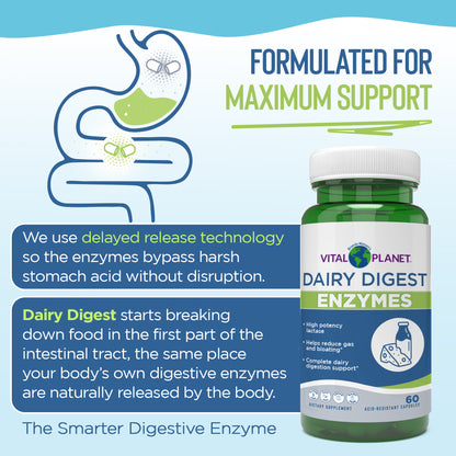 Vital Planet Dairy Digest Enzymes supplement bottle with text about delayed release technology on a blue and white background.