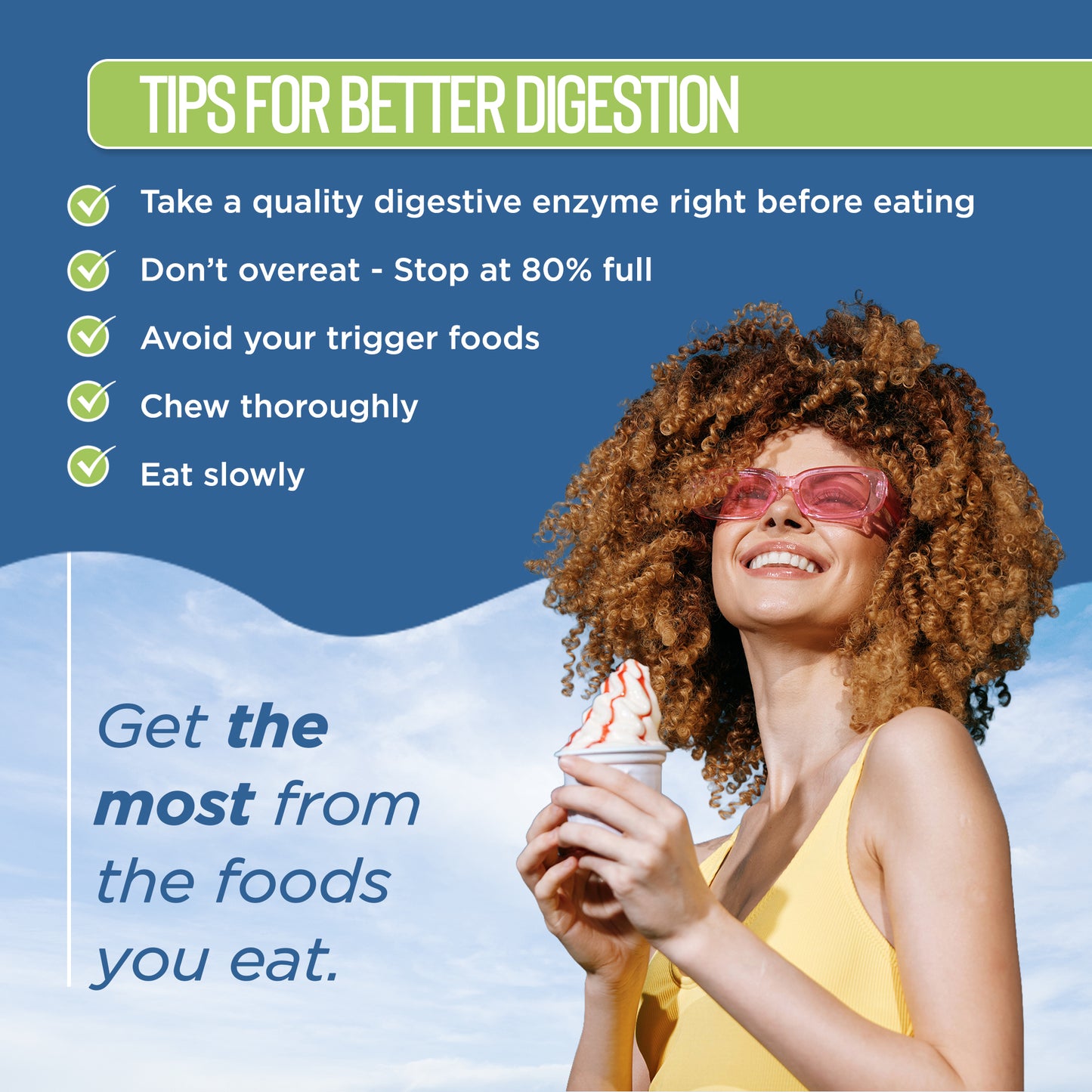 Woman enjoying ice cream with tips for better digestion on a blue background