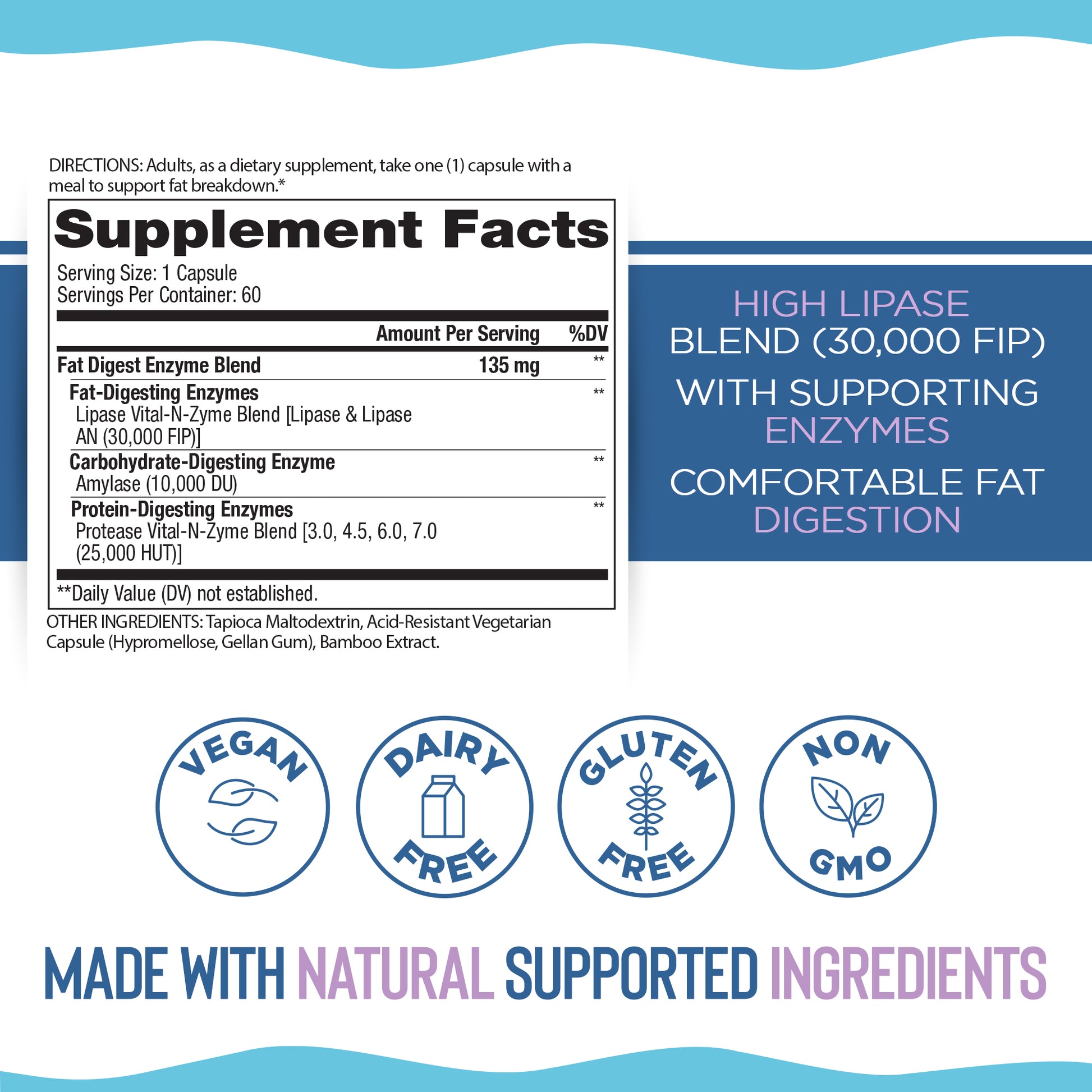 Supplement label with dietary information and product features on a blue and white background