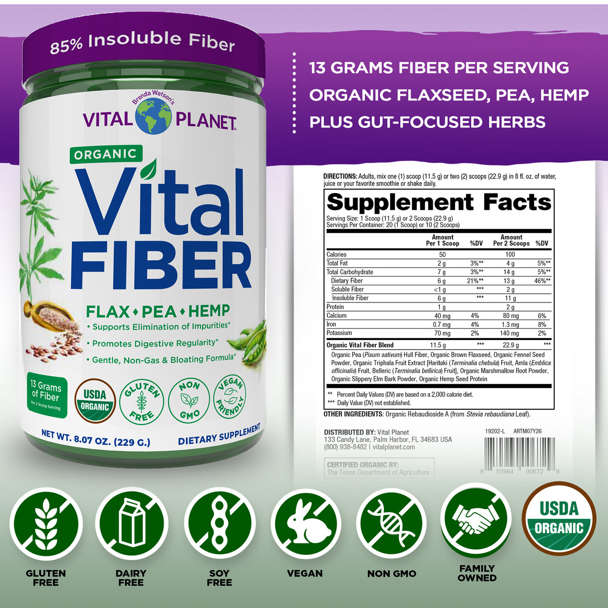 Vital Fiber supplement bottle with flax pea and hemp ingredients and supplement facts label
