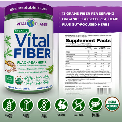Vital Fiber supplement bottle with flax pea and hemp ingredients and supplement facts label