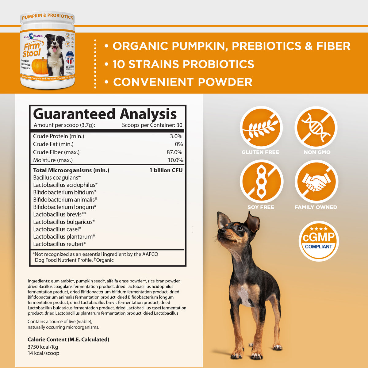 Firm Stool diarrhea relief support powder product label with guaranteed analysis and ingredient list