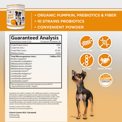 Firm Stool diarrhea relief support powder product label with guaranteed analysis and ingredient list