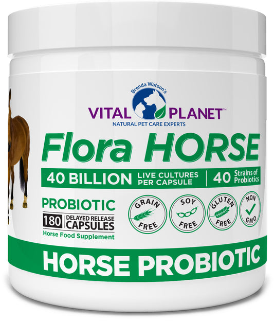 A container of Flora Horse Probiotic supplement for horses, with the label showing the product name and count information, alongside an image of a horse and the branding of Vital Planet.
