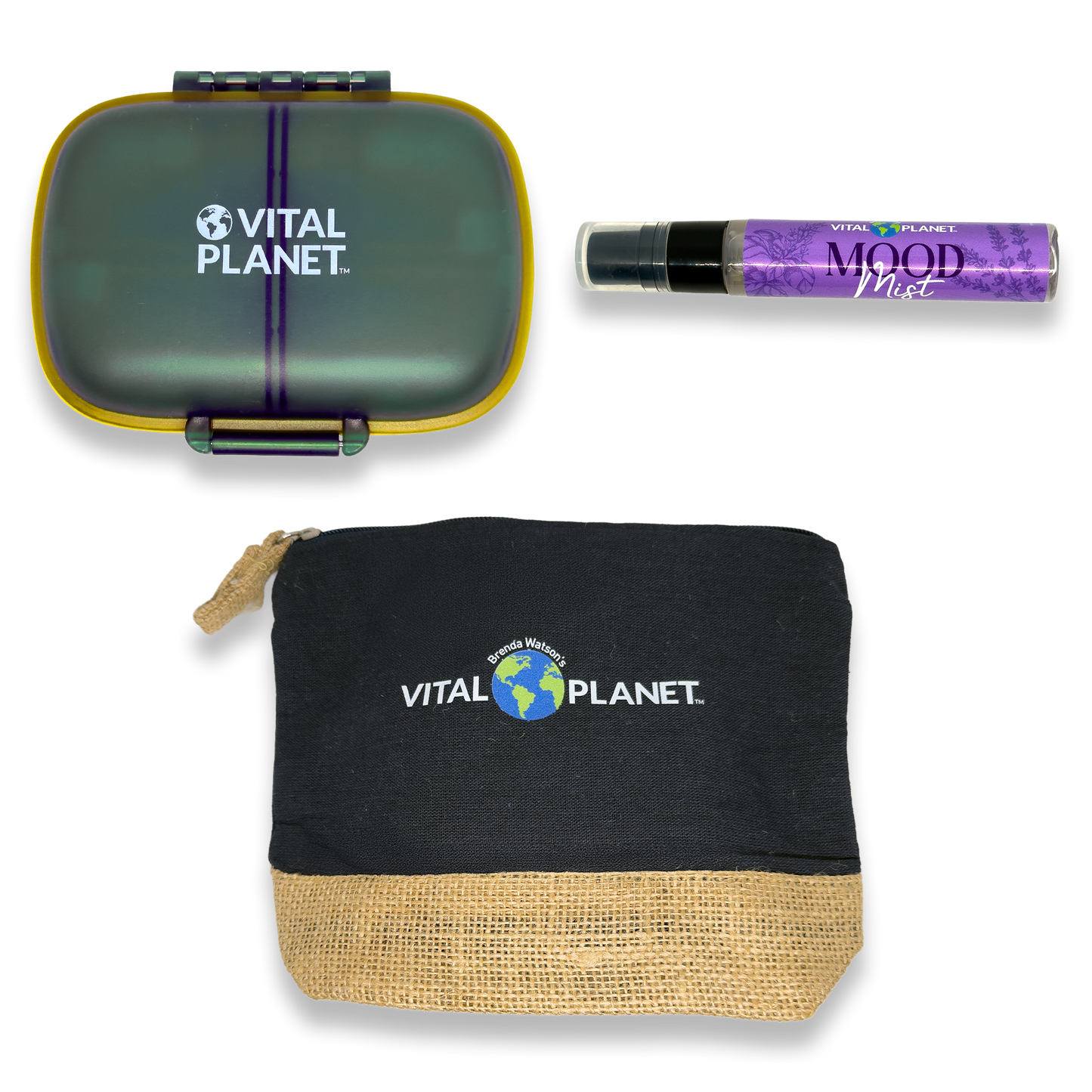 Vital Planet product set with black pouch, green container, and purple bottle on a white background