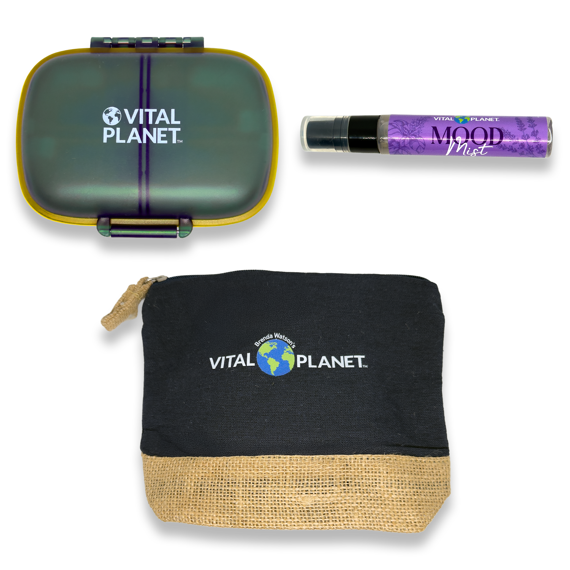 Vital Planet product set with black pouch, green container, and purple bottle on a white background
