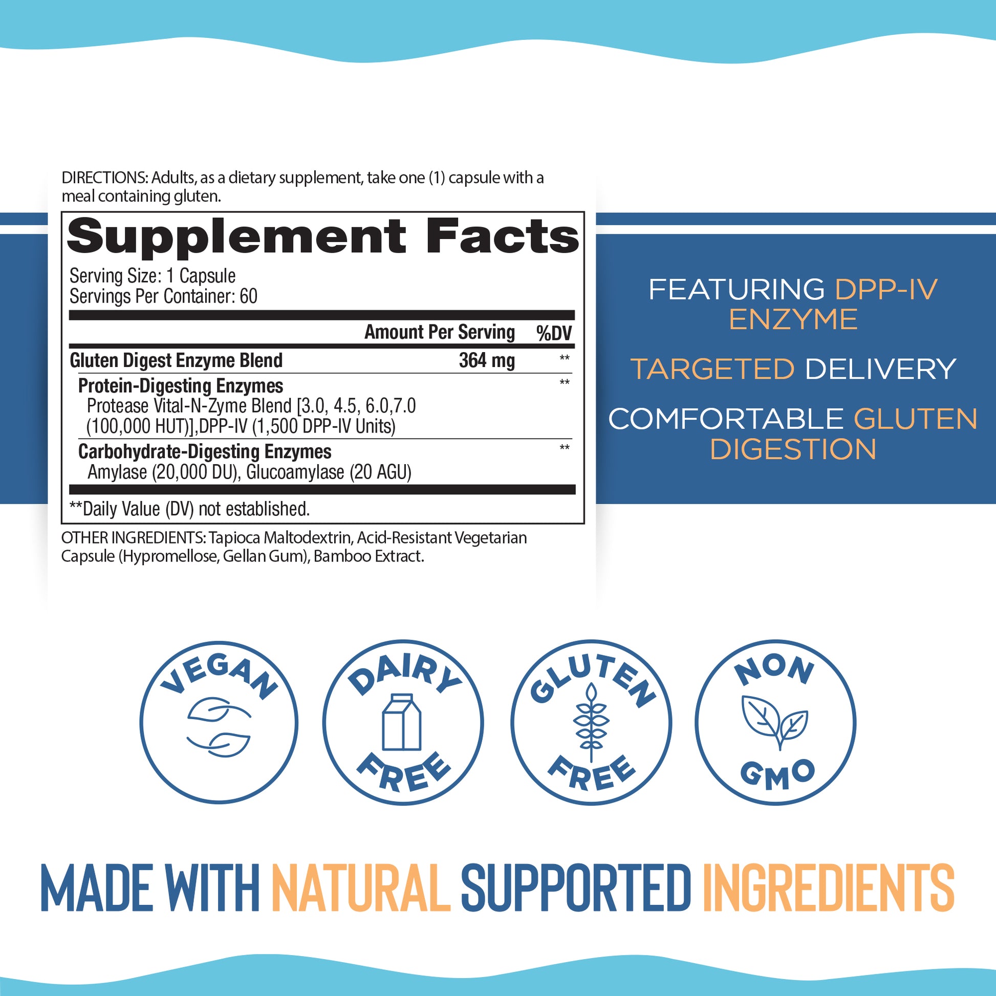 Supplement label with ingredients and features on a white background