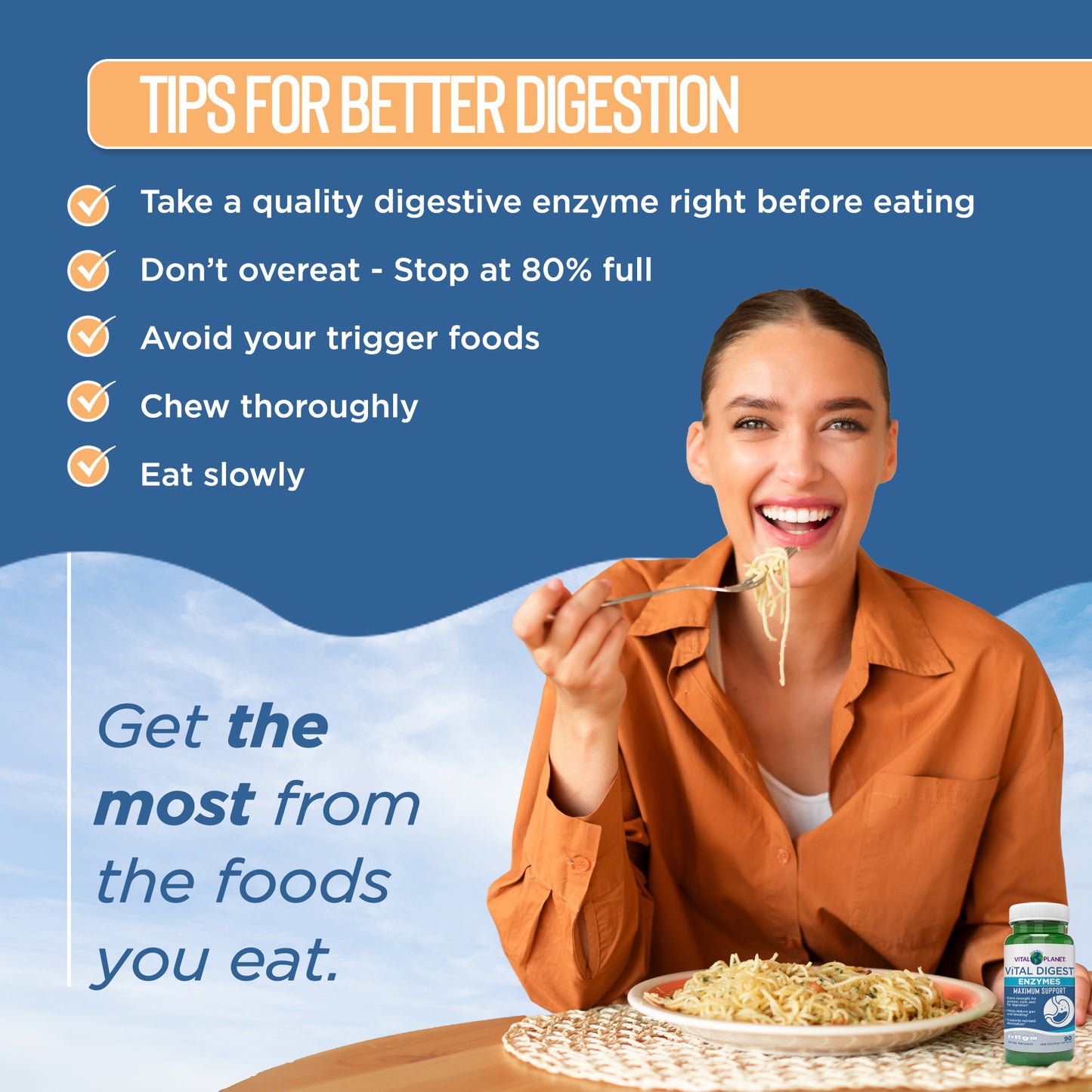 Woman eating pasta with tips for better digestion on a blue background