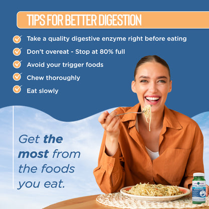Woman eating pasta with tips for better digestion on a blue background