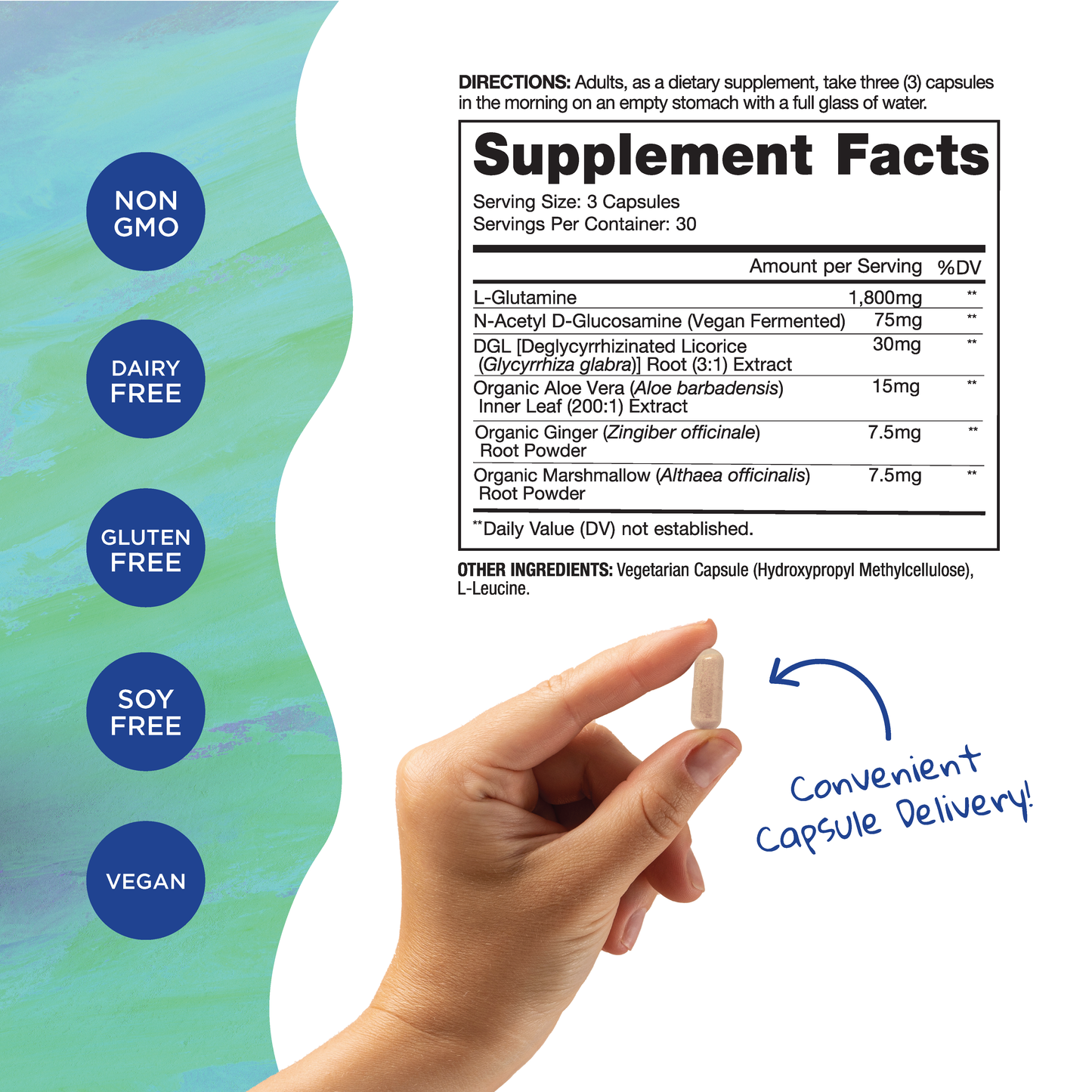 Supplement package with capsules, label, and hand holding capsules against a colorful background.