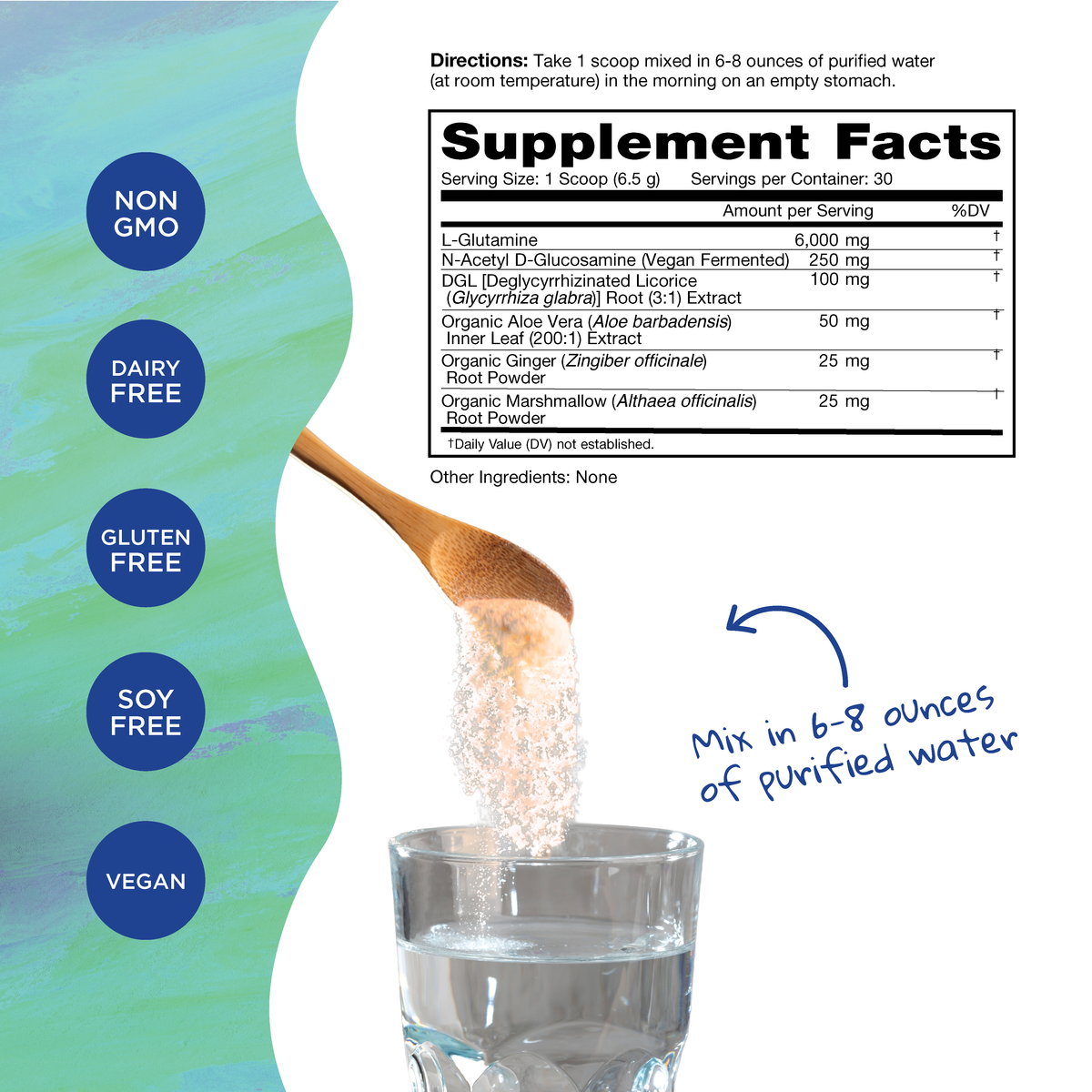 Vital GUT RENEW supplement facts label showing ingredients and mixing instructions