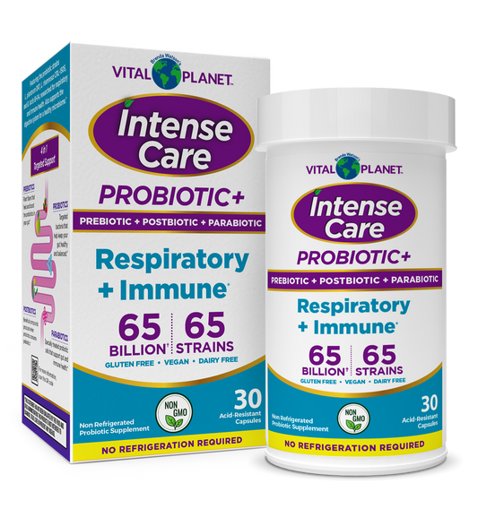 Vital Planet Intense Care Probiotic+ Respiratory + Immune supplement packaging on a white background